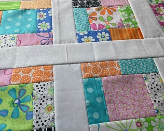 Lap Quilt Modern Patchwork Girl Quilt Throw Blanket Teen or Tween Girl Quilt -Colorful Squares and Stripes Handmade Quilt