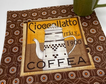 Coffee fabric mug rug, quilted coaster, Lucullo, Hapojoschu, coffee pot, Italian phrase, coffee bean fabric, brown, Kaves, gift for her