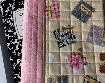 Sewing themed composition notebook cover, standard, handmade, school supply, gift for her, quilted, pink, fabric swatches