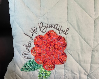 Make Life Beautiful, floral Kaffe Fassett print quilted pillow form, zippered, 18 inch, Kimberbell blank, sage green, orange, bright