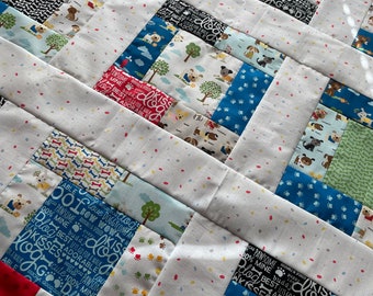 Cooper by Bella Blvd quilt TOP, Riley Blake, UNFINISHED, 38 inch, crib quilt, baby boy, nursery, dogs, dog bone, paw print, bright, blues