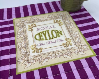 Royal Ceylon Tea mug rug, quilted coaster, over sized coaster, Garden Tea party, Antique floral teacup, purple, green
