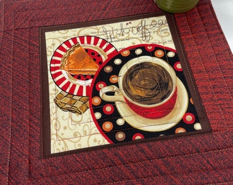 All About Coffee Mug Rug, quilted coaster, 10.5 inch, coffee mat, retro diner fabric, gift for her, gender neutral, red, black, Irish Coffee