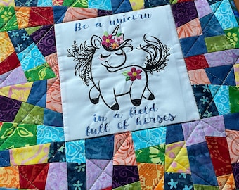 Rainbow unicorn confetti table topper quilt, wall hanging, 17 inch square, Kimberbell, batik, scrap quilt, inspirational, floral, girl