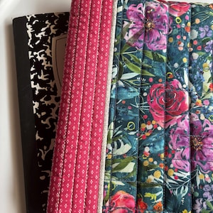 Floral fabric quilted composition notebook cover, handmade, school supply, gift for her, flowers, blue, Wanderlust, Create Joy Project, Moda