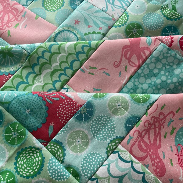 Coral Queen of the Sea unfinished quilt top, Stacy Iest Hsu Moda, mermaid quilt, pink teal green, nautical, 43 inch, quilt blocks, dolphin