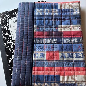 Patriotic text fabric quilted composition notebook cover, standard, handmade, school supply, gift, red, white, blue, gender neutral gift