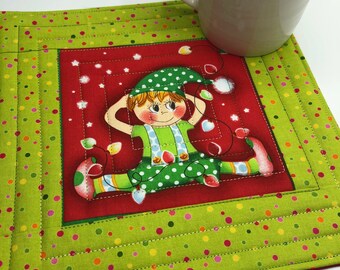 Holiday elf mug rug, over sized coaster, quilt block, winter, Christmas, holiday, home decor, green red, holiday lights, polka dots 9.5 inch