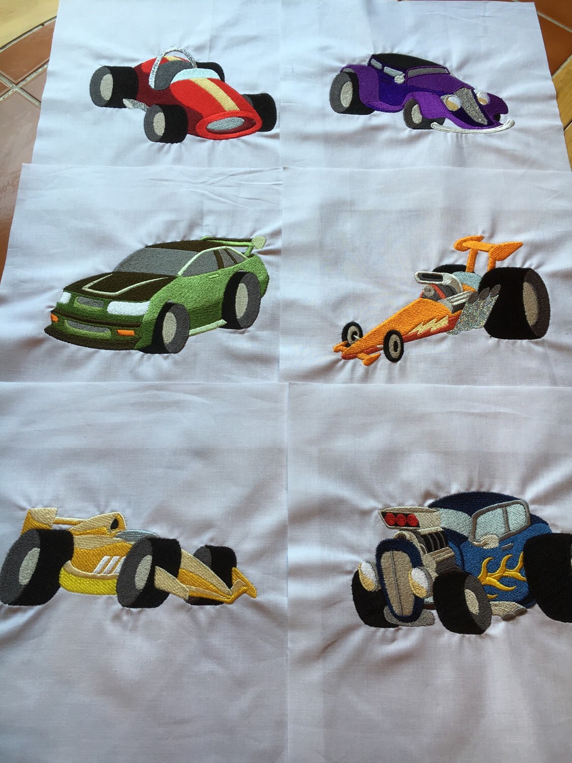 6 Race Car Quilt Blocks embroidered 10 inch squares / Etsy