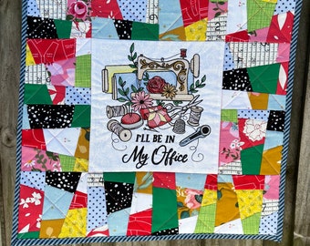 Sewing themed confetti table topper quilt, wall hanging, 17 inch square, sewing machine, I'll be in my office, craft room decor, quilted