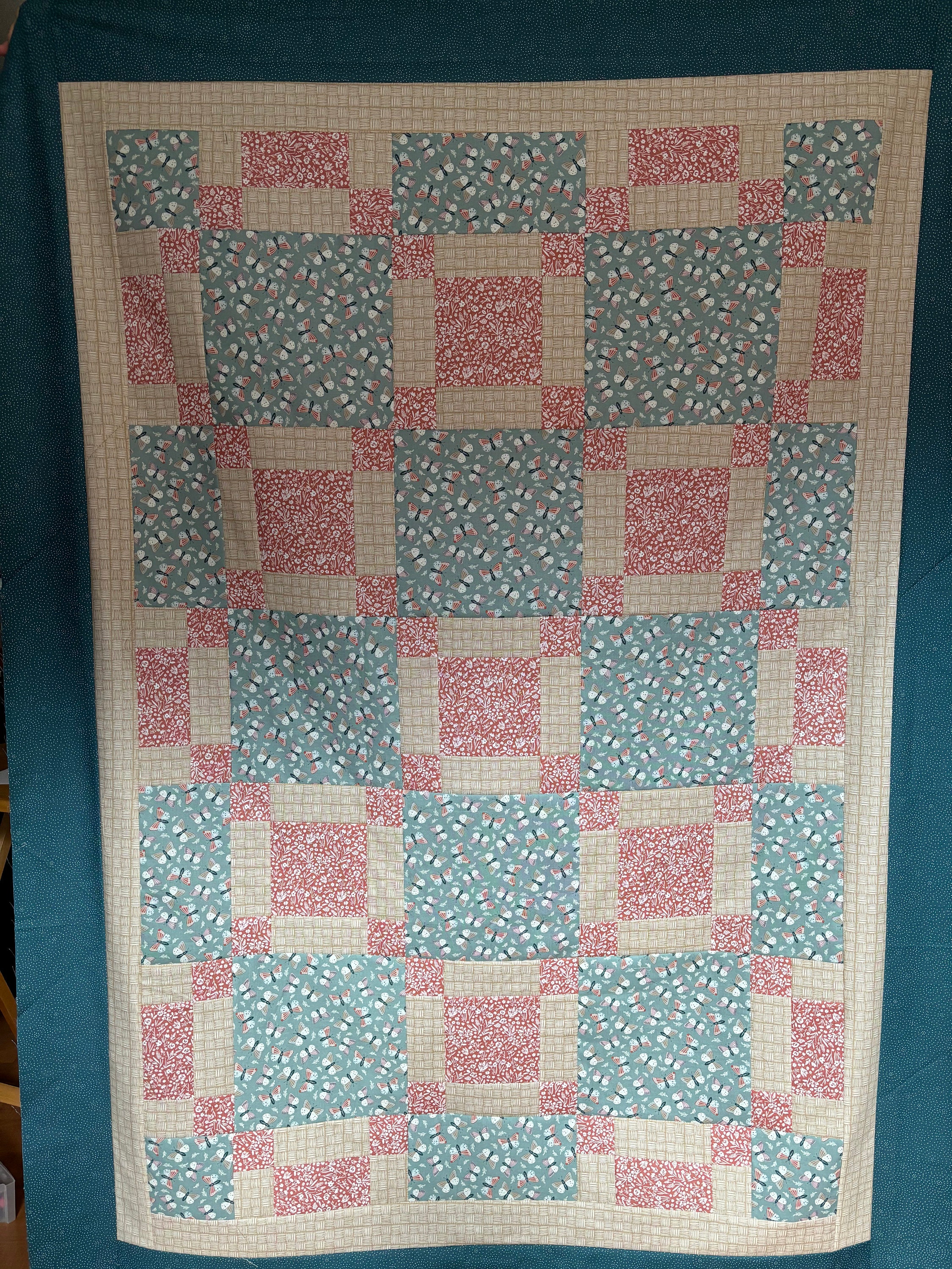 Cottage Farmhouse Fusion UNFINISHED quilt top, 65 x 49 inch, lap sized, 3 yard quilt, tan, rust, butterflies, neutral tone, sage green, teal