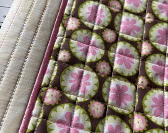 Composition notebook cover, standard, Retro flowers, brown, pink, green, handmade, office decor, school supply, gift for her, quilted