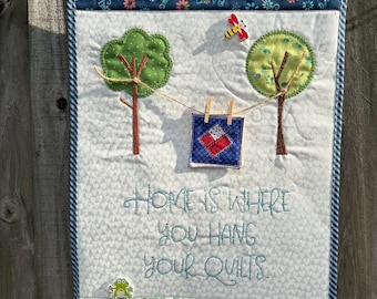 Home is where you hang your quilts, mini wall hanging, mini quilt, Kimberbell, trees, small quilt, mini quilt, frog, home decor, butterfly