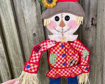Fall Scarecrow dimensional wall hanging, Designs by JuJu, Embroidery, 23 inch, door hanging, Autumn, raffia, buttons, red, plaid