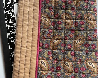 Paisley floral quilted  composition notebook cover, standard, handmade, gift for her, blue, pink
