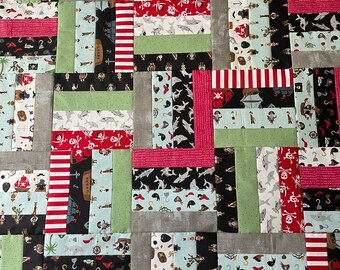 Pirate fabric unfinished baby sized quilt top - Pirate Tales Riley Blake - RBD Designers, 46 inch, red, grey, red, black, Blackbeard, gray