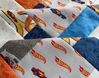 Race Car Fabric, Unfinished Quilt Top, 38 inch Riley Blake Designs, yellow, orange, blue, wheels, gift for boy, bedding, nursery, racecar