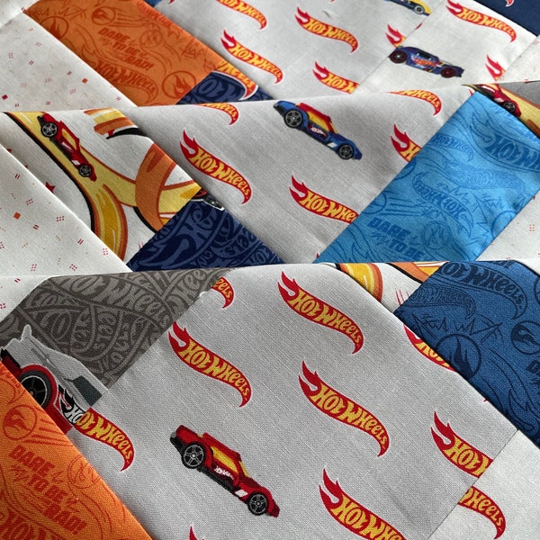 Race Car Fabric, Unfinished Quilt Top, 38 inch Riley Blake Designs, yellow, orange, blue, wheels, gift for boy, bedding, nursery, racecar