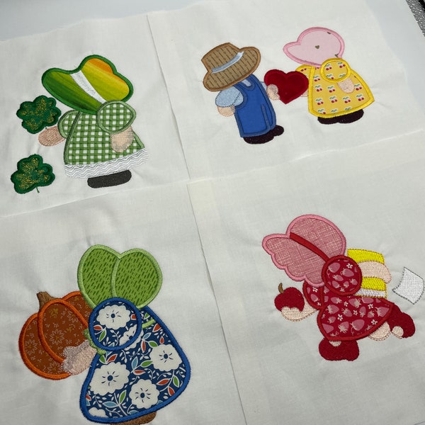 Sunbonnet Sue Embroidered quilt block bundle, 14 designs, months, applique, holiday, sewist, 9 inch squares, calendar girls, quilt kit