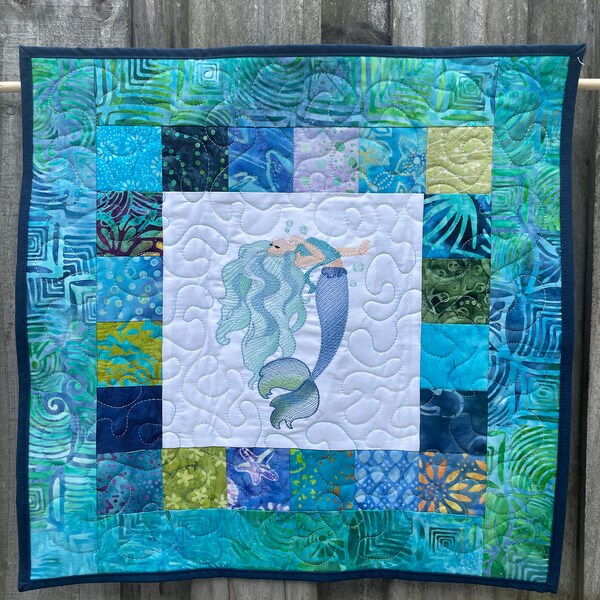 Mermaid batik table topper quilt, wall hanging, 16.5 inch square, Mesmerizing mermaids, batik, scrap quilt, gift for her, ocean, green, blue