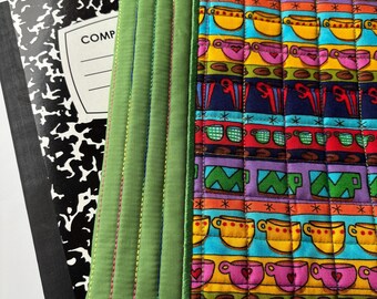 Coffee fabric composition notebook cover, standard, handmade, school supply, gift, bright colors, quilted, journal, personalized
