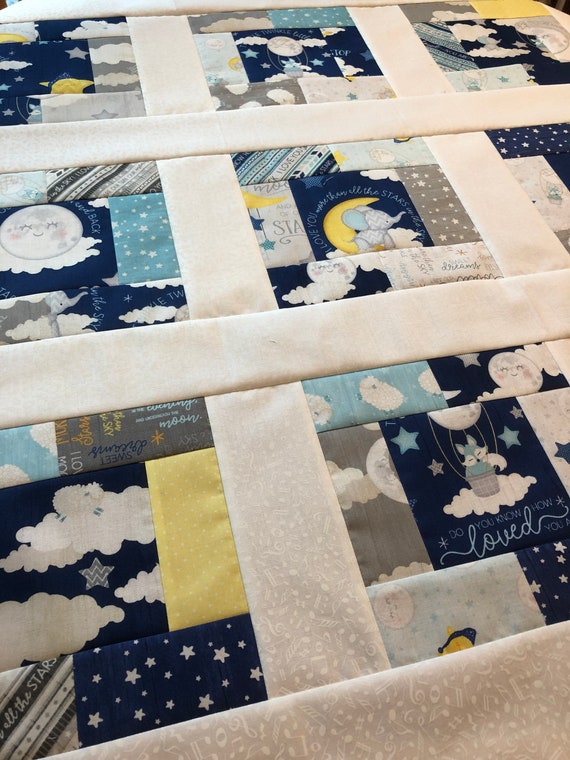 Baby Boy Quilt TOP All Our Stars by Jennifer Pugh - UNFINISHED - 38 inch / Lullabye, moon, stars, baby bunting, sheep