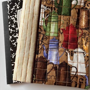 Coffee pot fabric composition notebook cover, standard, handmade, school supply, gift, quilted, journal, sleeve, brown, book cover