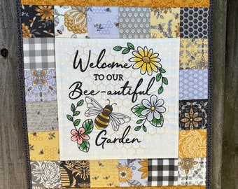 Bumblebee table topper, quilted wall hanging, mini quilt, inspirational, Lavender and Honey, Deb Strain, garden flag, Moda, banner, bee