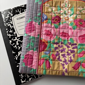 Kaffe Fassett Cameo fabric composition notebook cover, quilted, handmade, gift for her, grey, floral, bright, pink, Free Spirit, journal