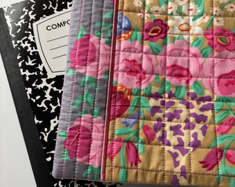 Kaffe Fassett Cameo fabric composition notebook cover, quilted, handmade, gift for her, grey, floral, bright, pink, Free Spirit, journal