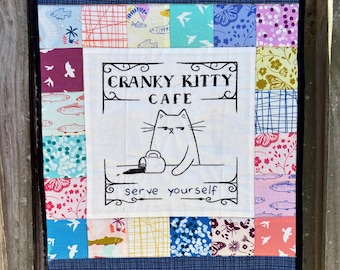 Funny Cat Quilted Wall Hanging: Cranky Kitty Cafe Embroidered Mini Quilt