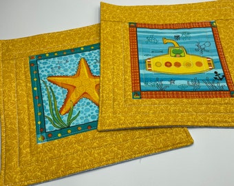 Gone Fishing by Benartex, Frog in submarine, starfish, ocean print, mug rug, snack mat, large coaster, quilted, gift for kids, set of 2