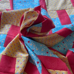 Cherries and strawberries unfinished quilt TOP, lap quilt, yellow, blue, red, Cherry Lemonade, Lori Holt, teal, Riley Blake Fabric,