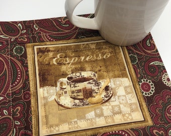 Espresso coffee quilted mug rug, 8 3/4 inch, fabric coaster, paisley, earth tones, quilted coaster, table decor, desk decor, gift for her