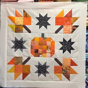 Leaves, stars and pumpkin fall quilt top, wall hanging, unfinished, 31 inch square, ready to quilt, orange, black, scrappy, mini Autumn