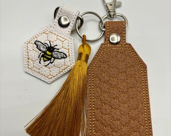 Bumblebee Lip Balm holder, keychain, tag, What's the Buzz, Kimberbell, faux leather, tassel, yellow, swivel hook, key fob, save the bees