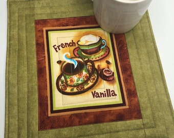 Coffee fabric mug rug, French Vanilla, quilted coaster, desk decor, gift for him or her, brown, green, 10 x 11 inch, cappuccino, latte