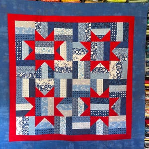 Jardin Blue star quilt top, UNFINISHED Quilt Top, 47.5 inch square, small lap sized, table topper, red, white and blue patchwork