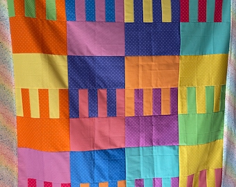 Zipper Rainbow quilt top UNFINISHED, lap sized, 59 x 69 inch, gender neutral, Andover Fabrics, polka dots, stripes, bright, Zip quilt