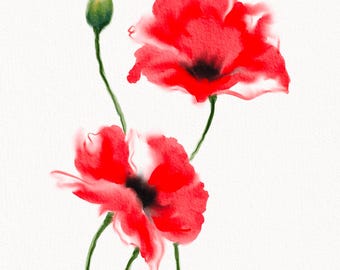 Aquarell roter Mohn Blume Kunstdruck, botanische Wanddekoration (digitaler Download)