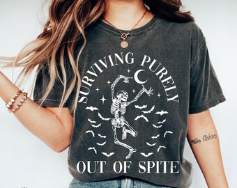 Surviving Purely out of Spite Comfort Colors® Shirt, Funny Goth Celestial Skeleton and Bats Shirt, Bat Lover Gothic Boho Garment Dyed Tshirt