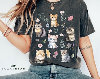 Comfort Colors® Cottagecore Cats Shirt, Wildflower Cat Person Gift,Floral Vintage Aesthetic Painted Kittens and Pressed Flower Aesthetic Tee