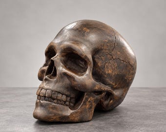 May include: A dark brown human skull sculpture with a weathered, textured finish. The object features visible suture lines along the cranium, deep eye sockets, a nasal cavity, and a set of teeth. The surface shows variations in color.