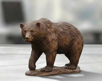 Figura de oso Gizzly de madera tallada a mano, estatua decorativa artesanal para escritorio o estantería, escultura de madera hecha a mano, adorno para amantes de los animales.