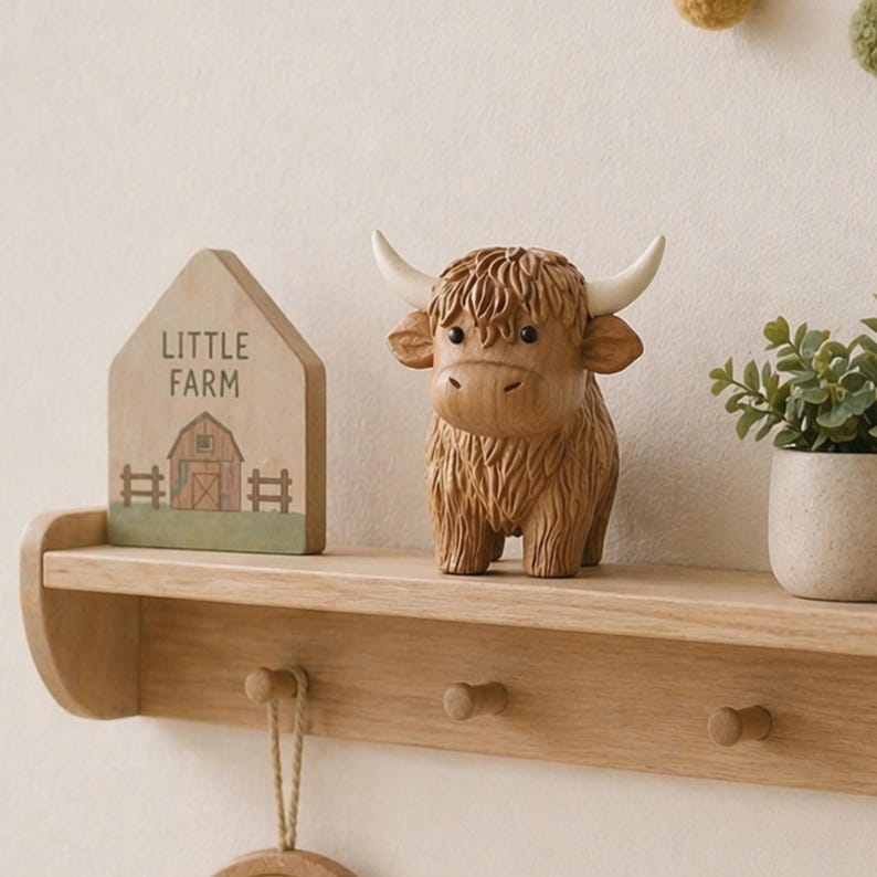 May include: A wooden shelf with a Highland cow figurine and a small wooden house-shaped sign that reads "Little Farm". The cow is brown with white horns. The sign has a barn illustration. A small potted plant is also on the shelf.