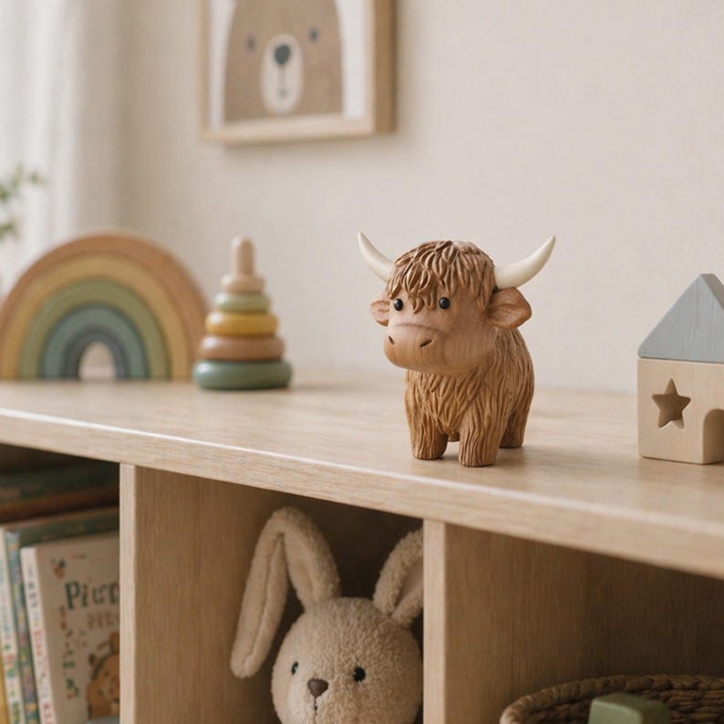 May include: A wooden Highland cow figurine with curved horns, standing on a light-colored wooden shelf. Other wooden toys, including a rainbow, a stacking toy, and a house, are also visible. A framed bear picture hangs on the wall.