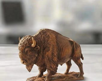 Hand Carved Wooden Bison Figurine Desk Decor Wood Buffalo Sculpture Handmade Gift Minimalist Bookshelf Office Ornament Statue Decoration