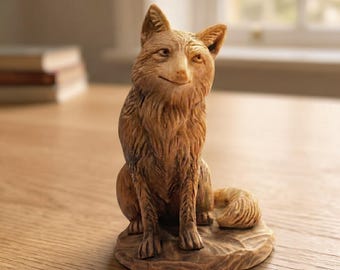 Hand Carving Wooden Cute Fox Figurine Handcrafted Desk Bookshelf Decor Statue Hand carved Wood Sculpture Handmade Animal Lover Ornament Gift