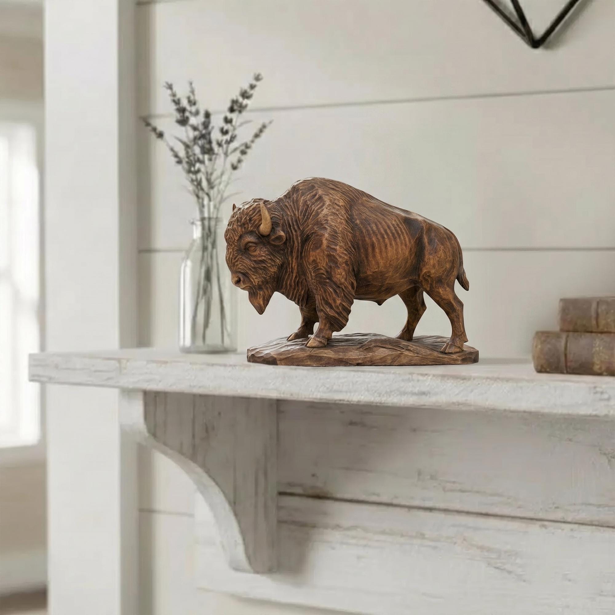 Hand Carved Wooden Bison Figurine Desk Decor Wood Buffalo