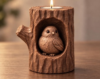 May include: A brown, textured candle holder shaped like a tree stump with a hollow center containing a small, carved bird figure. The top of the stump features a circular metal insert holding a single lit tea light candle with a bright flame.